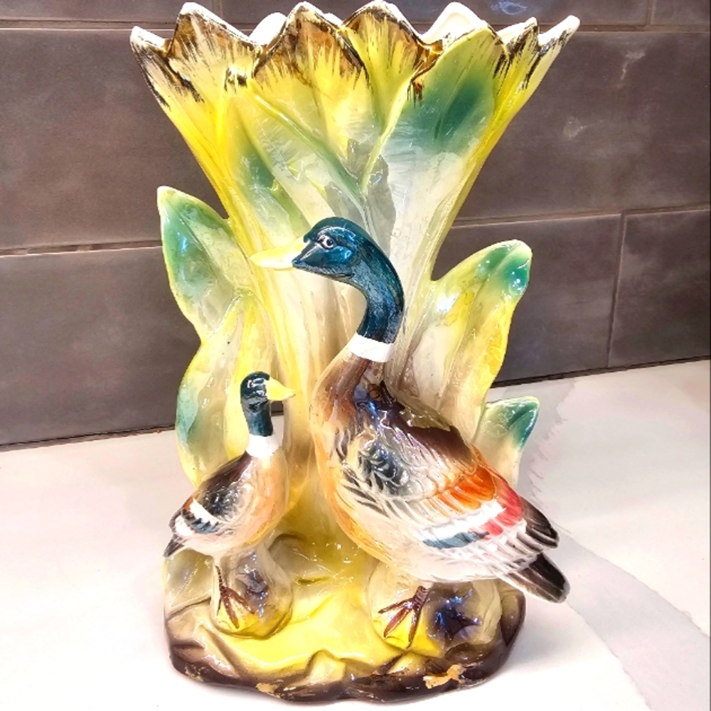 Mallard Ducks Vase Lusterware Looking Ceramic Vase Bright Vivid Colors